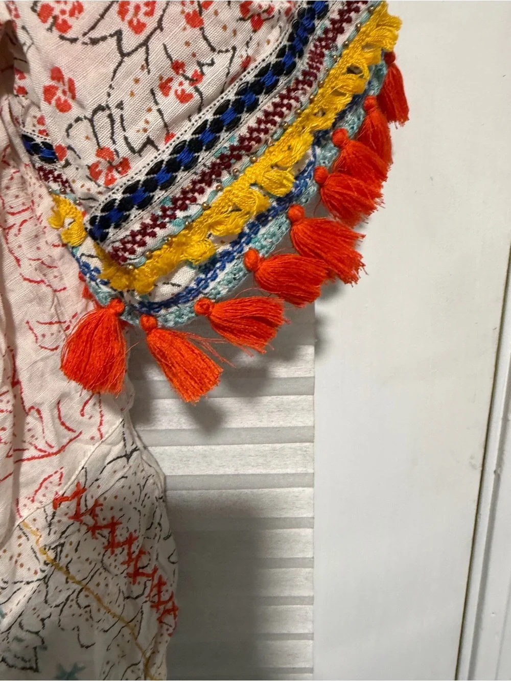 NWTMaeve Cream Embroidered Square-Neck Top with Orange Tassels and Blue Trim